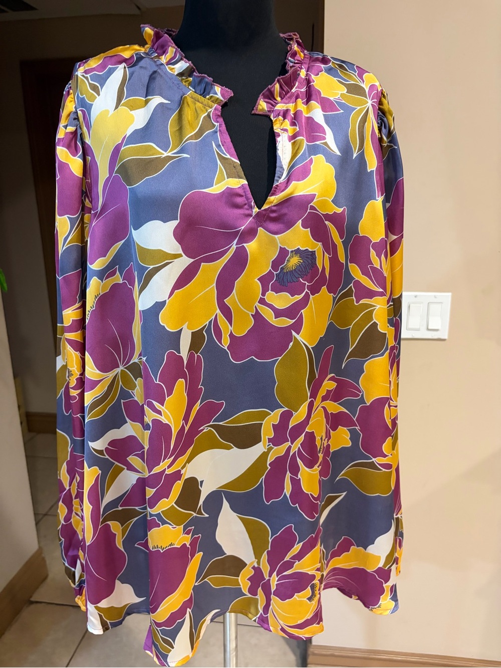 Emily Wonder Floral Split-Neck Blouse — Purple & Yellow